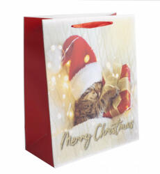 Yala Design Papírtasak - Cica mikulássapkában Merry Christmas felirattal matt, glitteres 18x23 (371677)