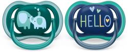 Philips Залъгалки Philips Avent - Ultra Air, Синя с декор Слонове и зелена с надпис Hello с кутия за стерилизиране, 18m+, 2 броя (00A.0519.005)