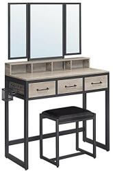 VASAGLE Fésülködőasztal, sminkasztal tükörrel fiókokkal párnázott székkel és világítással, (RVT004B02V1)