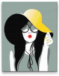 Gyémántszemes festmény - Hölgy sárga kalapban Méret: 40x50cm, Keretezés: Műanyagtáblával, Gyémántok: Kerek
