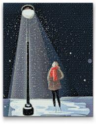  Gyémántszemes festmény - Nő lámpa alatt hóesésben Méret: 30x40cm, Keretezés: Keret nélkül (csak a vászon), Gyémántok: Kerek