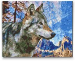Gyémántszemes festmény - Farkas a hegyekben Méret: 40x50cm, Keretezés: Fatáblával, Gyémántok: Kerek