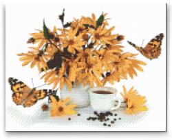 Gyémántszemes festmény - Sárga virágcsokor pillangókkal Méret: 40x50cm, Keretezés: Műanyagtáblával, Gyémántok: Négyzet alakú
