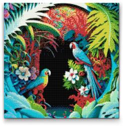 Gyémántszemes festmény - Papagájok a paradicsomban Méret: 50x50cm, Keretezés: Fatáblával, Gyémántok: Négyzet alakú