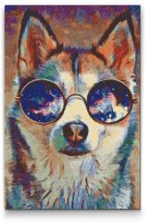  Gyémántszemes festmény - Szemüveges husky Méret: 40x60cm, Keretezés: Kartonlemezen, Gyémántok: Kerek