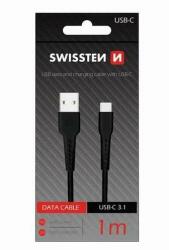 SWISSTEN - adat- és töltőkábel gumírozott, USB/Type-C, 1m fekete (71505530)