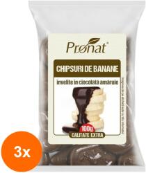 Pronat Foil Pack Set 3 x Chipsuri de Banane Invelite in Ciocolata Amaruie, 100 g