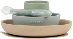 Nattou 4 részes csúszásmentes szilikon étkészlet pohárral, homok-zöld