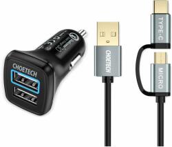 Choetech Set ChoeTech 2× QC3.0 USB-A Car Charger, fekete + 2in1 USB to Micro USB + Type-C (USB-C) Cable, 1, 2 (BUN)