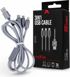 MaxLife TF-0168 USB-A apa - Micro USB/USB-C/Lightning apa 2.0 Adat és töltőkábel - Ezüst (1m) (TF-0168)