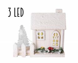 Yala Design Karácsonyi fehér kisház dekoráció 3 LED-el, kerítéssel 15 cm 421274 (421274)