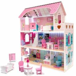 Kik Casa de papusi din lemn, mini mobilier inclus, iluminat cu LED, roz (KX6484)
