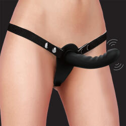 Ouch! Vibrating Rechargeable 10 Speed Silicone Ribbed Strap-On Adjustable Black - superlove