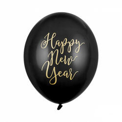 PartyDeco S. r. o Lufi, fekete, 30cm, két oldalt nyomott, Happy New Year 5 db/cs