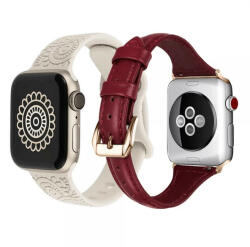 krasscom Set 2 curele Apple Watch 3 / 4 / 5 / 6 / 7 / 8 / SE series 38 / 40 / 41 mm, model gravat, silicon, piele, crem, visiniu (CUFIS165)