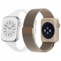 krasscom Set 2 curele Apple Watch 3 / 4 / 5 / 6 / 7 / 8 / SE series 38 / 40 / 41 mm, silicon, otel inoxidabil, auriu deschis, alb (CUFIS161)