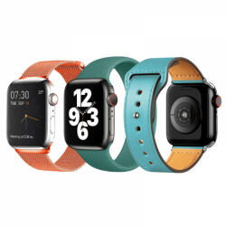 krasscom Set 3 curele Apple Watch 3 / 4 / 5 / 6 / 7 / 8 / SE series 38 / 40 / 41 mm, silicon, piele, otel inoxidabil, portocaliu, albastru, verde (CUFIS136)