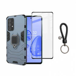 krasscom Set husa telefon si folie pentru Samsung Galaxy A53 5G, carcasa hybrid antisoc cu stand inel, folie de sticla ceramica fullsize si breloc cadou, dark blue, negru (HUSET104)