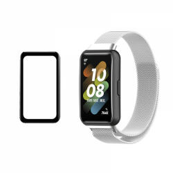 krasscom Set bratara smartwatch pentru Huawei Band 7 din otel inoxiabil, mesh, si folie de protectie ecran din sticla, argintiu (HUBAND016)