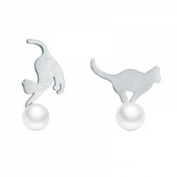 KRASSUS Cercei cu surub pe ureche argint 925 si perla KRASSUS Kitty, asimetrici, model pisica (BAM076)