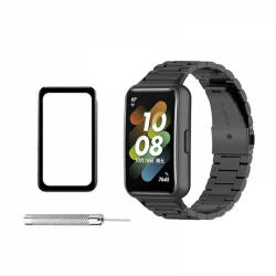 krasscom Set bratara smartwatch pentru Huawei Band 7 din otel inoxiabil, tip zale, folie de protectie ecran din sticla, si kit ajustare lungime, negru (HUBAND019)