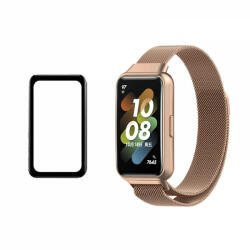 krasscom Set bratara smartwatch pentru Huawei Band 7 din otel inoxiabil, mesh, si folie de protectie ecran din sticla, rose-gold (HUBAND017)