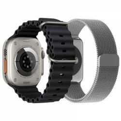 krasscom Set 2 curele Apple Watch Ultra/ 3 / 4 / 5 / 6 / 7 / 8 / SE series 42 / 44 / 45 / 49 mm, silicon, otel inoxidabil, negru, argintiu (CUFIS156)