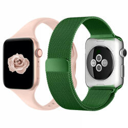 krasscom Set 2 curele Apple Watch 3 / 4 / 5 / 6 / 7 / 8 / SE series 38 / 40 / 41 mm, silicon, otel inoxidabil, verde, roz deschis (CUFIS163)