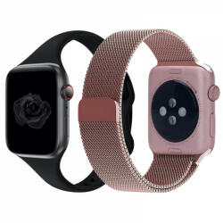 krasscom Set 2 curele Apple Watch 3 / 4 / 5 / 6 / 7 / 8 / SE series 38 / 40 / 41 mm, silicon, otel inoxidabil, roz, negru (CUFIS162)