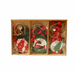 Fengrise 9 részes natúr festett fa karácsonyi fenyő / dekorációs dísz, kockás sapkás manó (5995206006596)