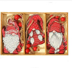Fengrise 9 részes natúr festett fa karácsonyi fenyő /dekorációs dísz, piros ruhás manók (5995206006633)
