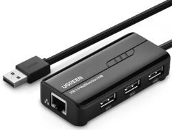 UGreen ADAPTOR RETEA Ugreen, "20264" extern, USB 2.0 (T) la port RJ-45 10/100 Mbps, porturi USB: USB 2.0 x 3, LED, negru "20264" (timbru verde 0.18 lei) - 6957303822645 (20264)
