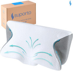 Suporto Perna Ortopedica Cervicala pentru dormit, cu Extensii si Suport ergonomic pentru gat, din spuma cu memorie, Suporto, Alb cu Negru