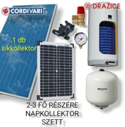 Napcsap Napelemes + prémium Cordivari síkkollektoros napkollektor rendszer 100 literes hőcserélős bojlerrel, 12V szivattyúval, 20W napelemmel, tágulási tartállyal, biztonsági szeleppel (SZETT_12V_1SIK_100L1HC