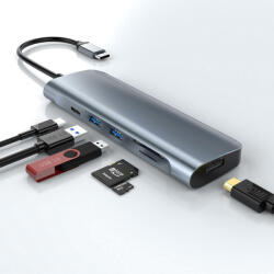 Rocketek 6 in 1 USB-C 3.0 HUB dokkoló adapter - 2x USB 3.0, Type-C USB, SD MicroSD TF kártya olvasó, 4K HDMI, 87W HUB Dokkoló Állomás (RT-USB6)