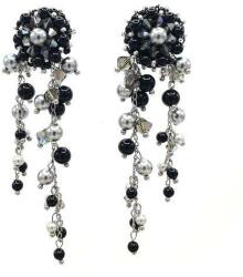 Zia Fashion Cercei lungi cu perle si cristale pietre semipretioase negru si argintiu, Corizmi, Silver Noir
