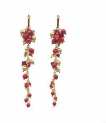 Zia Fashion Cercei ciorchine foarte lungi cu perle si cristale auriu cu rosu, Corizmi, Golden Ruby