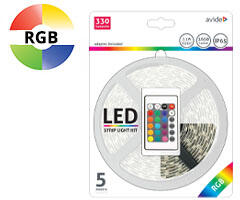 Avide LED szalag szett beltéri: 5 méter RGB 5050-30 szalag - távirányítóval, vezérelhető + tápegység (ABLSBL12V5050-30RGB65)
