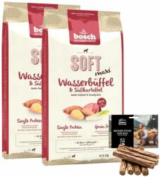 bosch Soft Maxi Hrana uscata pentru caini talie mare, bivol si cartofi dulcei 2 x 12, 5 kg + recompense sticks 7 buc