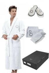 Soft Cotton SEHZADE férfi fürdőköpeny ajándékdobozban + törölköző+ papucs L + papucs (42/44) + törölköző + box Fehér-ezüst hímzés / Silver