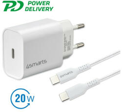 4smarts hálózati gyorstöltő adapter, 20W, QC 3.0 + 1.5m Type-C/Type-C kábel, fehér