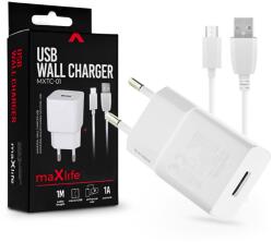 MaxLife USB hálózati töltő adapter + micro USB adatkábel 1 m-es vezetékkel - Maxlife MXTC-01 USB Wall Charger - 5V/1A - fehér (TF-0102) (TF-0102)