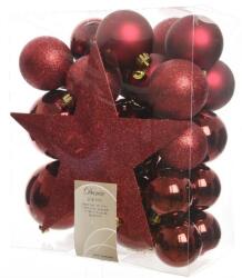 Decoris Kaemingk Decoris karácsonyi dísz készlet, 32 darabos, fenyőfa csúccsal, műanyag, 8 cm, bordó színű