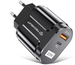 Techsuit - Prémium hálózati töltő - USB-A, QC 3.0, USB-C, 20 W - Fekete