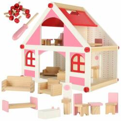 Casa de păpuși din lemn alb și roz + mobilier 36cm (KX4351)