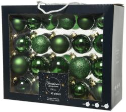 Decoris karácsonyi dekoráció, üveg, különböző méretek, fenyő zöld, 42 db