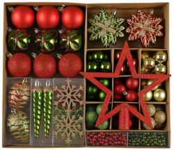 Kring karácsonyi dísz készlet, 91 db, válogatott formák és méretek, műanyag, piros/zöld (EG01-PE10-LX90-05.28.01-JG+YG)