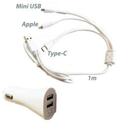 H-Drive Európa Telefontöltő 2-es USB töltő M-USB, Apple, Type-C 12V 2.1A, AE-WF132-1 (WF132-1)