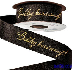  Boldog karácsonyt feliratos csillogó szatén szalag 25mm x 10m - Fekete