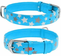 WAU DOG Lapos bőr nyakörv kéken fénylő csillagokkal 38-49cm, szélesség: 25mm kék